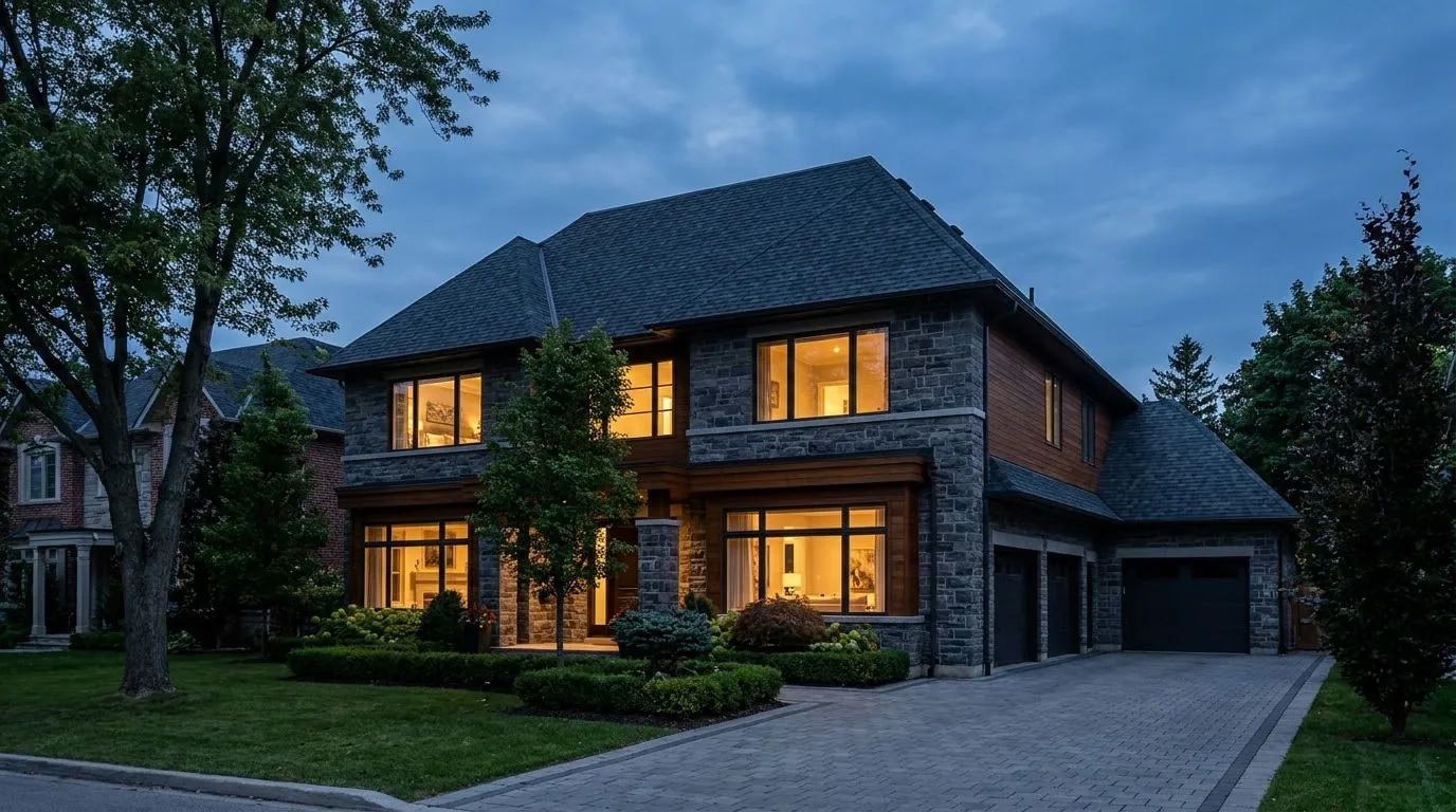 A premium GTA home at dusk with warm interior lights and a new roof.
