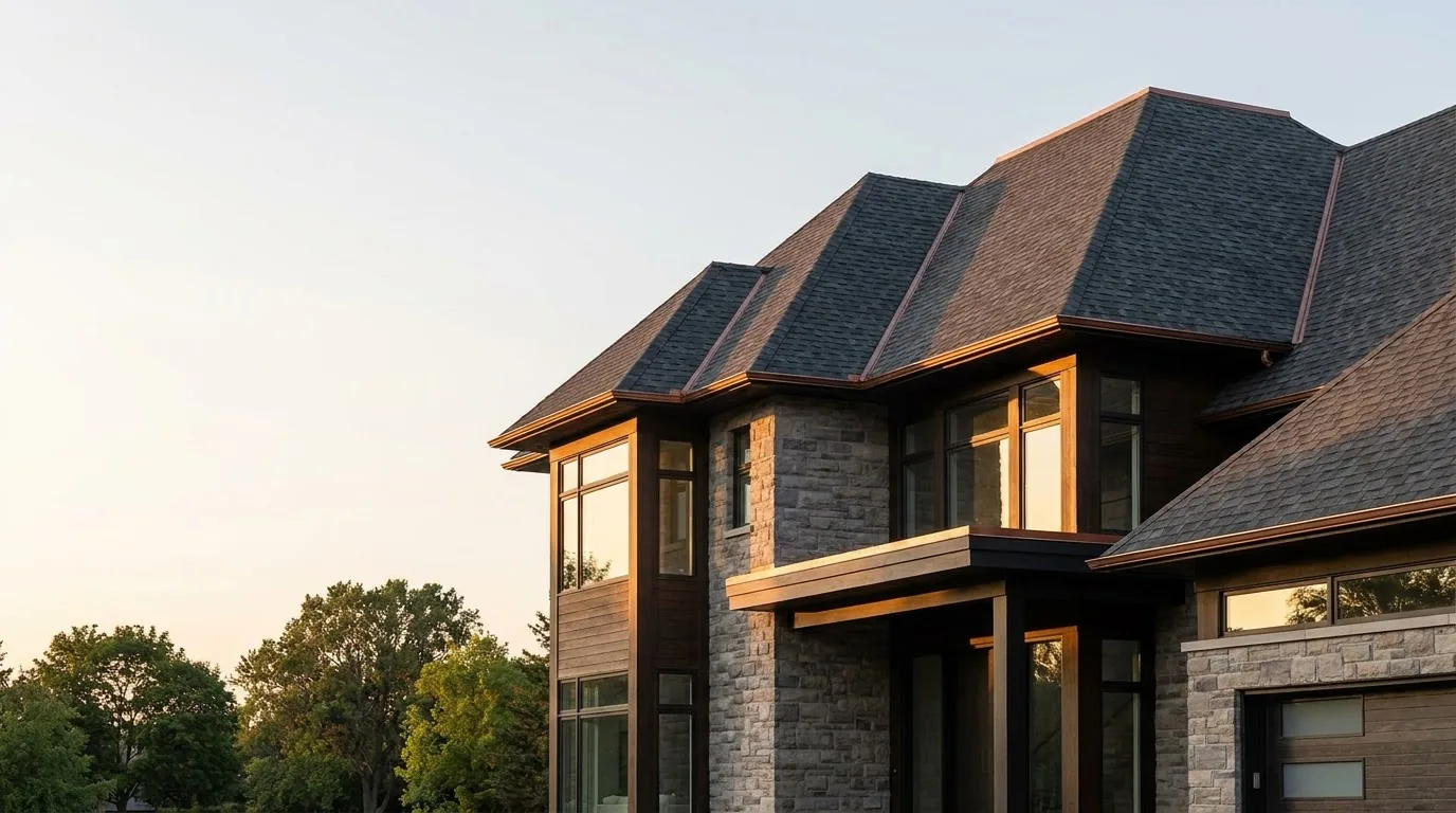 A premium detached GTA home at golden hour with a new architectural-shingle roof.