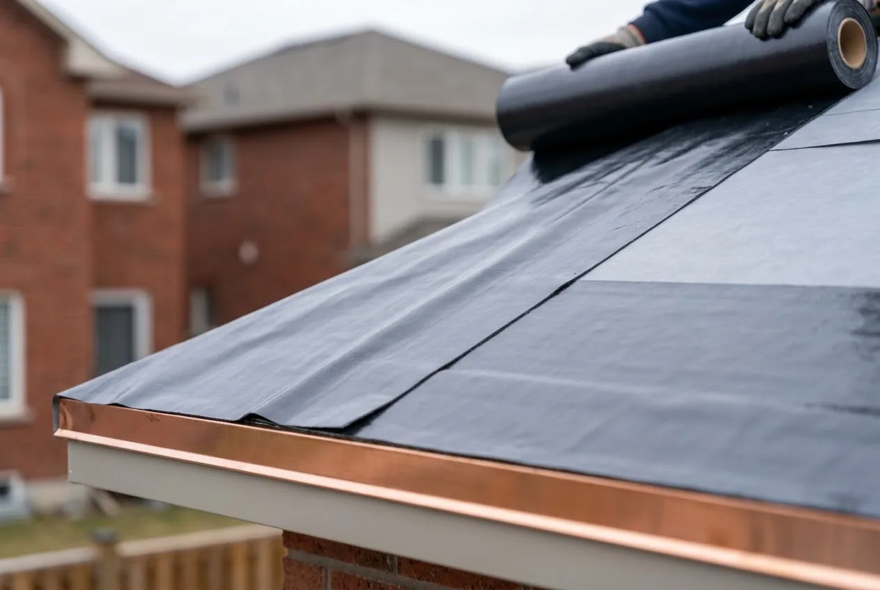 Ice-and-water membrane and underlayment rolled into a valley.